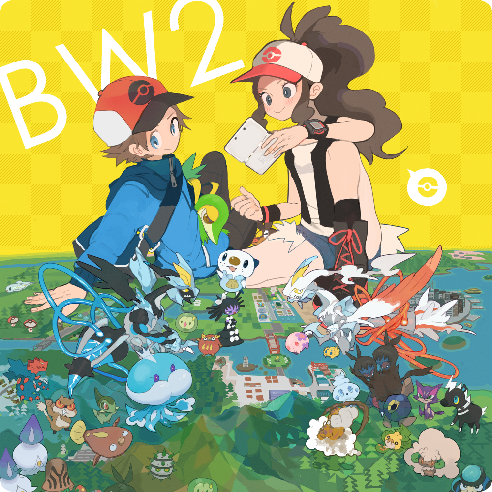 10s 1boy 1girl alternate_form arm_support axew bad_id bad_pixiv_id bag baseball_cap beheeyem black_kyurem blitzle blue_eyes boots brown_hair copyright_name darumaka druddigon ferroseed foongus gen_5_pokemon giant giantess gothitelle handheld_game_console hat hilbert_(pokemon) hilda_(pokemon) huge_giant huge_giantess jellicent joltik kyurem lace-up_boots landorus landorus_(incarnate) landscape legendary_pokemon litwick long_hair map messenger_bag multiple_giants munna nintendo nintendo_3ds nintendo_ds oshawott ototoi palpitoad patrat playing_games poke_ball_symbol pokemon pokemon_(creature) pokemon_bw pokemon_bw2 ponytail purrloin roggenrola sewaddle short_hair short_shorts shorts shoulder_bag sleeveless snivy solosis starter_pokemon_trio stunfisk tepig trubbish tynamo vanillite vest whimsicott white_kyurem wristband zweilous