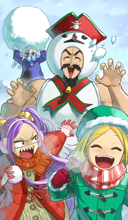 1boy 3girls angry b_suke bare_arms bare_shoulders beard bell black_facial_hair black_hair black_pants blue_eyes blue_scarf blush_stickers breath buttons christmas closed_eyes coat commentary crying crying_with_eyes_open dress earmuffs edward_teach_(fate) facial_hair fate/grand_order fate_(series) fleeing fur-trimmed_coat fur-trimmed_headwear fur_trim gloves goatee green_coat green_dress green_hat hair_between_eyes hairband hat holding holding_snowball leg_up long_hair long_sidelocks long_sleeves mary_read_(fate) medium_hair mittens motion_blur multiple_girls mustache official_alternate_costume official_art open_mouth outdoors pants parted_hair paul_bunyan_(fate) pirate_hat purple_coat purple_hair red_coat red_eyes red_gloves red_hat red_scarf running scar scar_on_face scarf scarf_over_mouth scrunchie sharp_teeth short_hair sidelocks smile snow snowball snowman snowman_costume tears teeth third-party_source tied_beard twintails upper_teeth_only v-shaped_eyebrows white_background white_hair white_hairband white_mittens winter winter_gloves wu_zetian_(fate) yellow_scrunchie