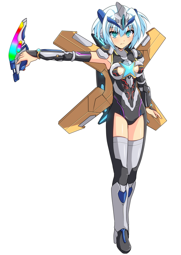 1girl armor black_leotard black_shoes black_thighhighs blue_eyes blue_hair blush breasts covered_navel cross_(crossryou) detached_sleeves female_focus gender_request genderswap genderswap_(mtf) glowing_lines grey_armor headpiece holding leotard long_sleeves looking_at_viewer magical_girl matching_hair/eyes medium_breasts personification shoes short_hair simple_background solo standing sword thighhighs ultra_series ultraman_x ultraman_x_(exceed_x) ultraman_x_(series) weapon white_background x_devizer xlugger