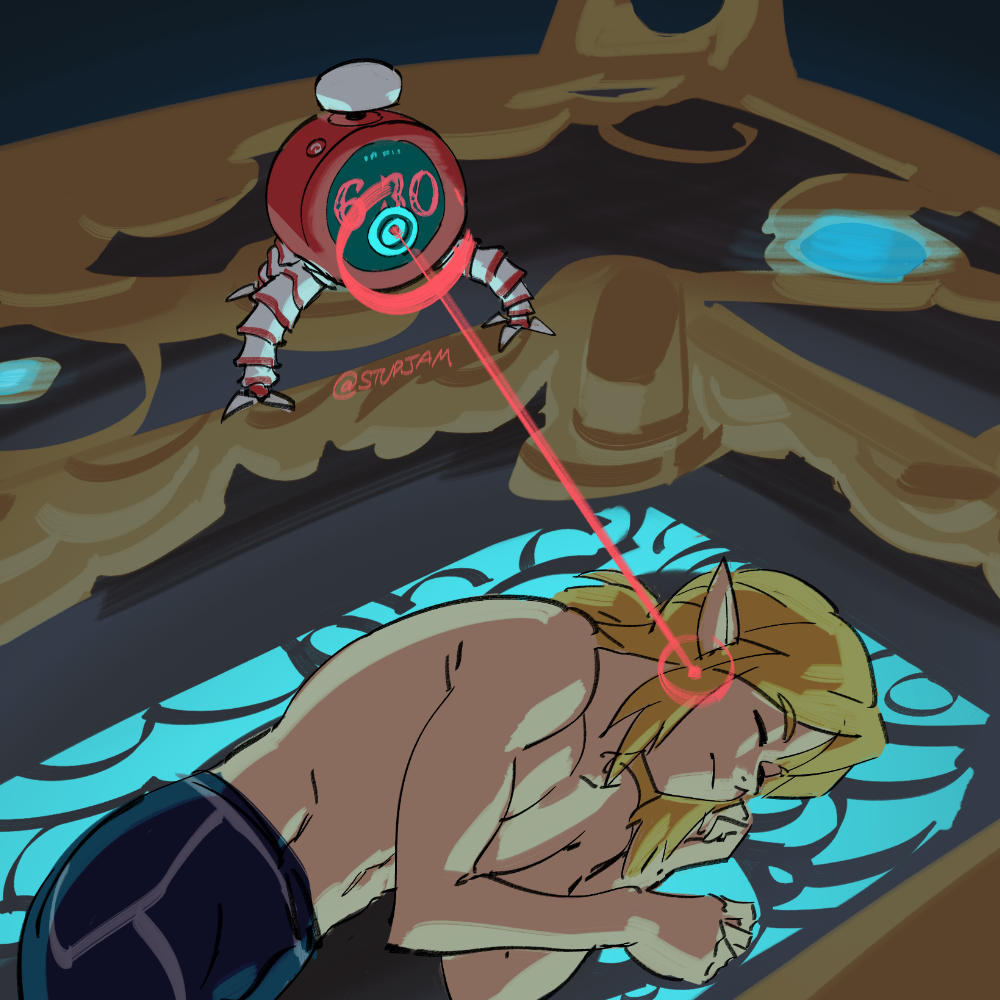 1boy alarm_clock blonde_hair clock closed_eyes guardian_(zelda) incoming_attack link nintendo nintendo_alarmo pointy_ears princess_zelda sheikah sleeping stup-jam the_legend_of_zelda the_legend_of_zelda:_breath_of_the_wild twitter_username