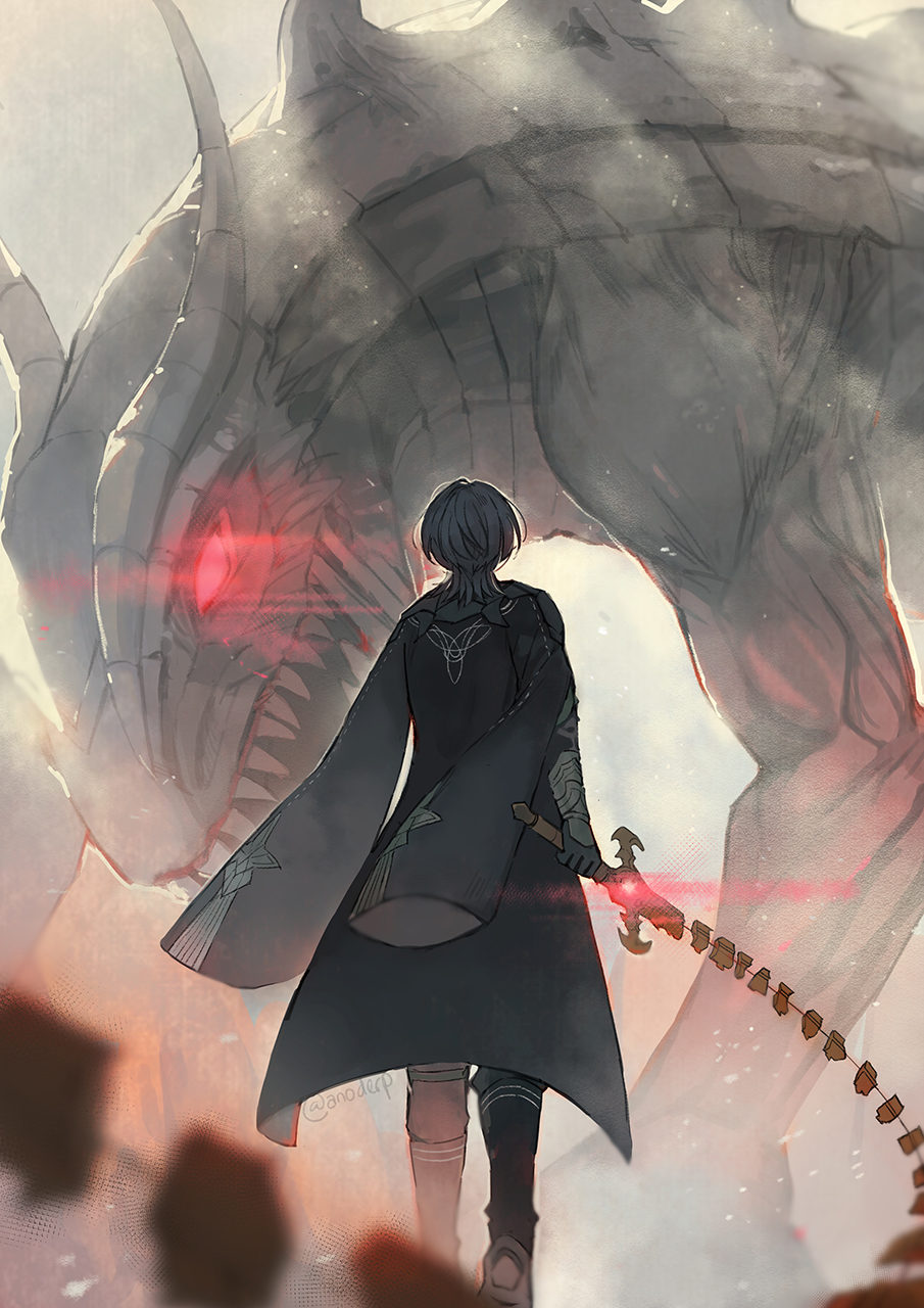 1boy anocurry blue_hair male_byleth_(fire_emblem) cape fang fire_emblem fire_emblem:_three_houses from_behind gloves heroes_relic_(fire_emblem) highres holding holding_sword holding_weapon horns looking_up monster nintendo red_eyes solo sword sword_of_the_creator weapon whip_sword