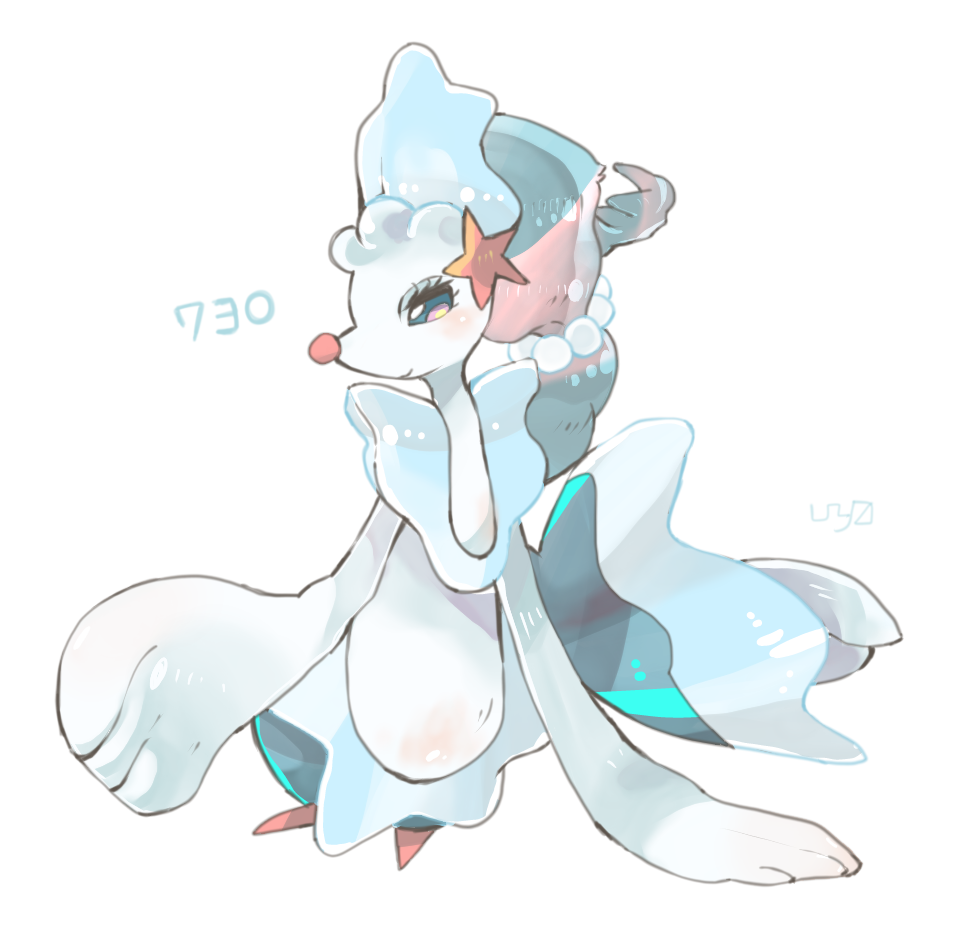 blue_eyes closed_mouth commentary_request eyelashes full_body gen_7_pokemon long_hair looking_ahead navel nintendo no_humans pokedex_number pokemon pokemon_(creature) primarina simple_background solo unya_(22563249) white_background