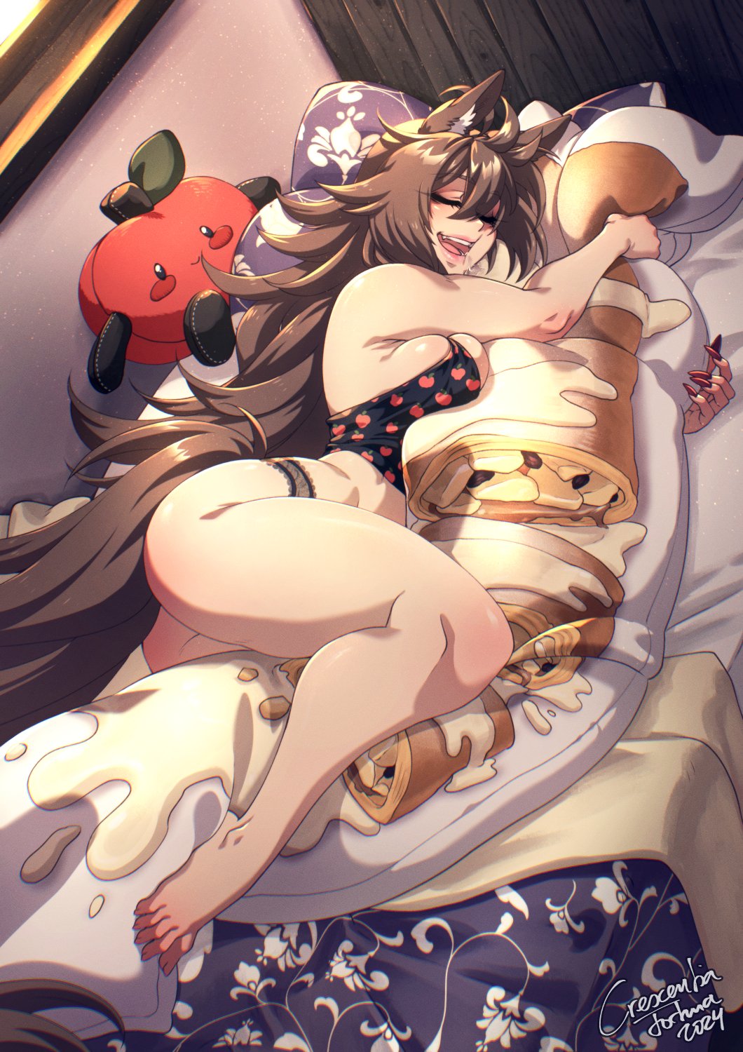2024 animal_ear_fluff animal_ears apple_print bare_legs barefoot breasts commentary crescentia_fortuna dakimakura_(object) deathblight drooling english_commentary fangs feet fingernails floral_print food food_print fruit_print highres horse_ears horse_girl horse_tail hugging_object large_breasts long_fingernails long_hair long_toenails on_bed open_mouth pastry pillow pillow_hug red_nails sharp_fingernails shiny_skin signature skindentation sleeping strudel_(food) stuffed_toy tail thick_thighs thighs toenails vanessa_(deathblight)