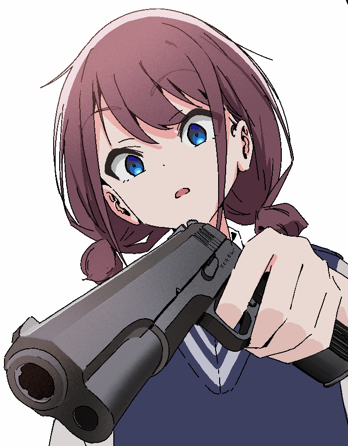 1girl blue_eyes blue_sweater_vest blush brown_hair commentary_request finger_on_trigger girls_band_cry gujin_(tp_acid) gun handgun holding holding_gun holding_weapon iseri_nina looking_at_viewer low_twintails open_mouth short_hair short_twintails solo sweater_vest tokarev_tt-33 twintails weapon