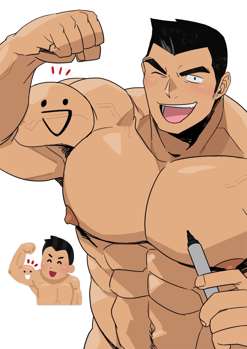 1boy abs absol_(dkqthf) biceps black_hair blush body_writing flexing holding holding_marker irasutoya irasutoya_challenge large_pectorals male_focus marker muscular muscular_male nipples one_eye_closed open_mouth original pectorals reference_inset short_hair simple_background smile solo thick_eyebrows veins veiny_arms
