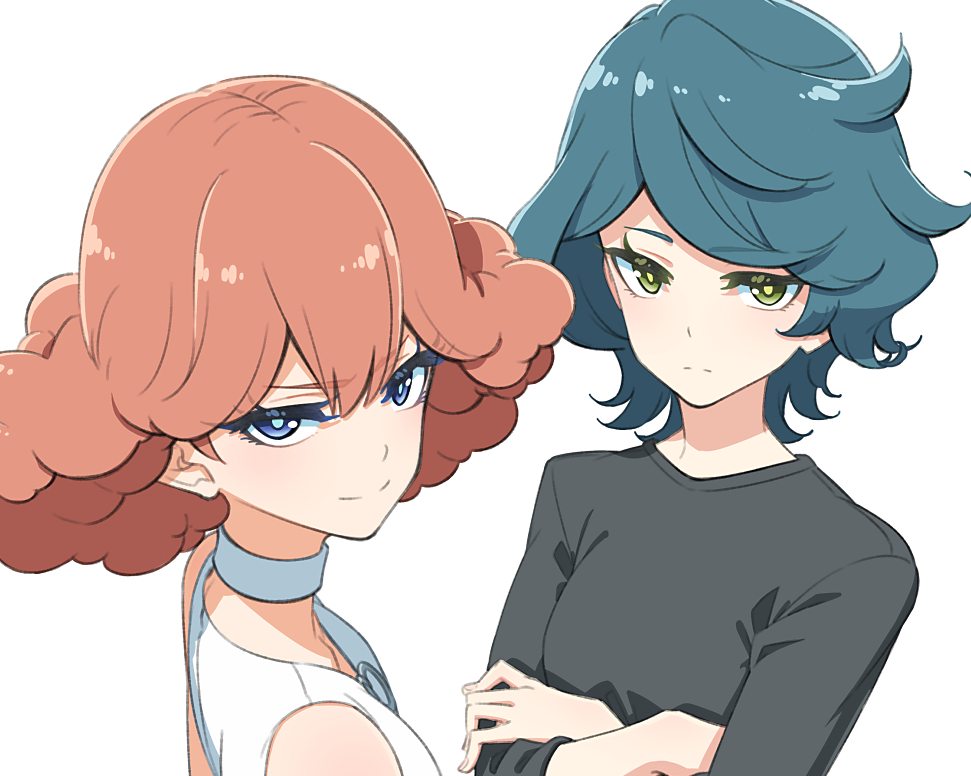 2girls aqua_hair blue_eyes breasts choker closed_mouth crossed_arms green_eyes gundam gundam_suisei_no_majo hair_between_eyes long_sleeves looking_at_viewer medium_breasts multiple_girls norea_du_noc orange_hair sakuraba_yuuki shirt simple_background smile sophie_pulone swept_bangs t-shirt upper_body white_background white_choker