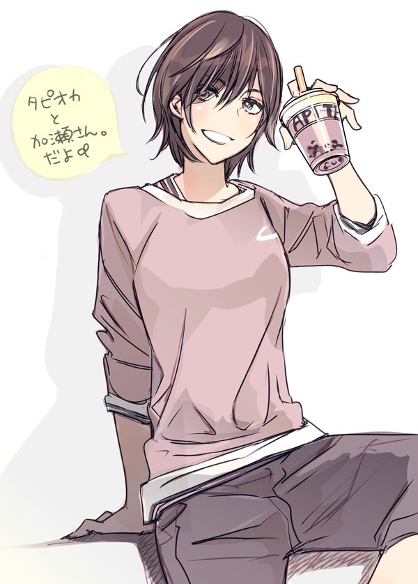 1girl asagao_to_kase-san brown_hair bubble_tea cup drinking_glass kase_tomoka logo nike_(company) official_art short_hair shorts sitting smile solo speech_bubble sweater takashima_hiromi tomboy translation_request