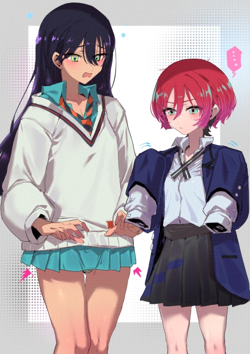 ... 2girls ^^^ amate_yuzuriha amate_yuzuriha_(cosplay) black_hair black_skirt blue_jacket blue_shirt blue_skirt blush closed_mouth collared_shirt commentary_request cosplay costume_switch diagonal-striped_clothes diagonal-striped_necktie dress_shirt gluteal_fold green_eyes grey_sweater gundam gundam_gquuuuuux hair_between_eyes jacket long_hair long_sleeves multiple_girls necktie nyaan_(gundam_gquuuuuux) nyaan_(gundam_gquuuuuux)_(cosplay) open_clothes open_jacket open_mouth oversized_clothes panties pleated_skirt puffy_long_sleeves puffy_sleeves red_hair shirt short_hair skirt sleeves_past_fingers sleeves_past_wrists spoken_ellipsis striped_clothes sweater tajima_ryuushi thigh_gap underwear very_long_hair wavy_mouth white_panties
