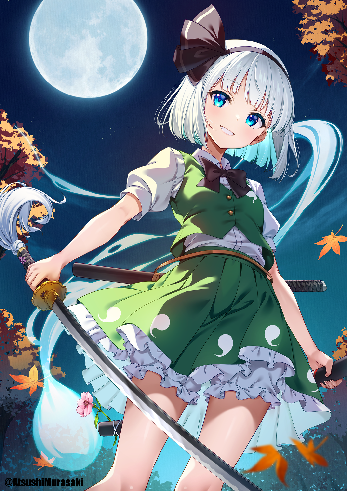 1girl :d autumn_leaves black_hairband bloomers blue_eyes blue_moon blunt_bangs blunt_ends bob_cut breasts collared_shirt commentary_request dot_nose eyebrows_hidden_by_hair eyelashes feet_out_of_frame flower from_below full_moon green_skirt hairband highres hitodama_print holding holding_sheath holding_sword holding_weapon katana konpaku_youmu konpaku_youmu_(ghost) leaf light_blush looking_at_viewer moon murasaki_atsushi night night_sky open_mouth outdoors partial_commentary petticoat pink_flower pleated_skirt puffy_short_sleeves puffy_sleeves sheath shiny_skin shirt shirt_tucked_in short_sleeves skirt skirt_set sky small_breasts smile solo standing star_(sky) starry_sky sword tassel teeth touhou tree twitter_username underwear unsheathed weapon white_bloomers white_hair white_shirt