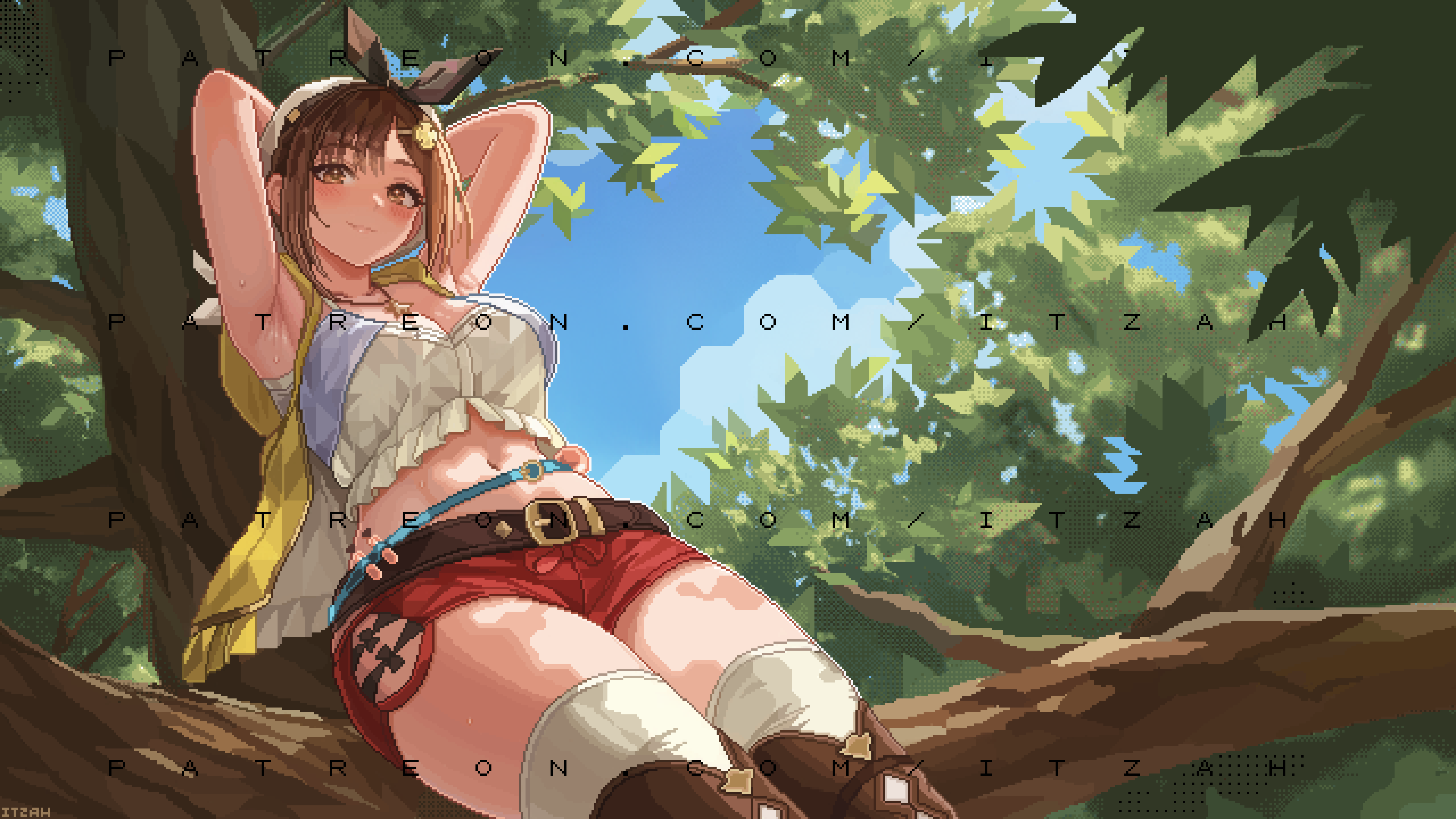 1girl absurdres armpits arms_behind_back artist_name atelier_(series) atelier_ryza atelier_ryza_1 beret blue_sky boots breasts brown_eyes brown_hair commentary english_commentary hair_ornament hairclip hat highres in_tree itzah jacket jewelry large_breasts leather_belt looking_at_viewer midriff navel necklace outdoors pixel_art red_shorts reisalin_stout short_hair short_shorts shorts sitting sitting_in_tree sky sleeveless sleeveless_jacket smile solo star_(symbol) star_necklace sweat thigh_boots thighhighs thighhighs_under_boots tree watermark white_hat white_thighhighs yellow_jacket