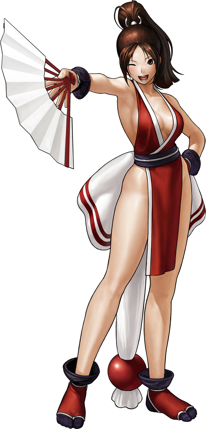 1girl armpits backless_outfit bad_link beads breasts brown_hair center_opening duplicate fatal_fury folding_fan full_body hand_fan highres large_breasts legs long_hair ninja official_art ogura_eisuke one_eye_closed pelvic_curtain ponytail revealing_clothes shiranui_mai sideboob simple_background solo tabi the_king_of_fighters the_king_of_fighters_xiii transparent_background white_background