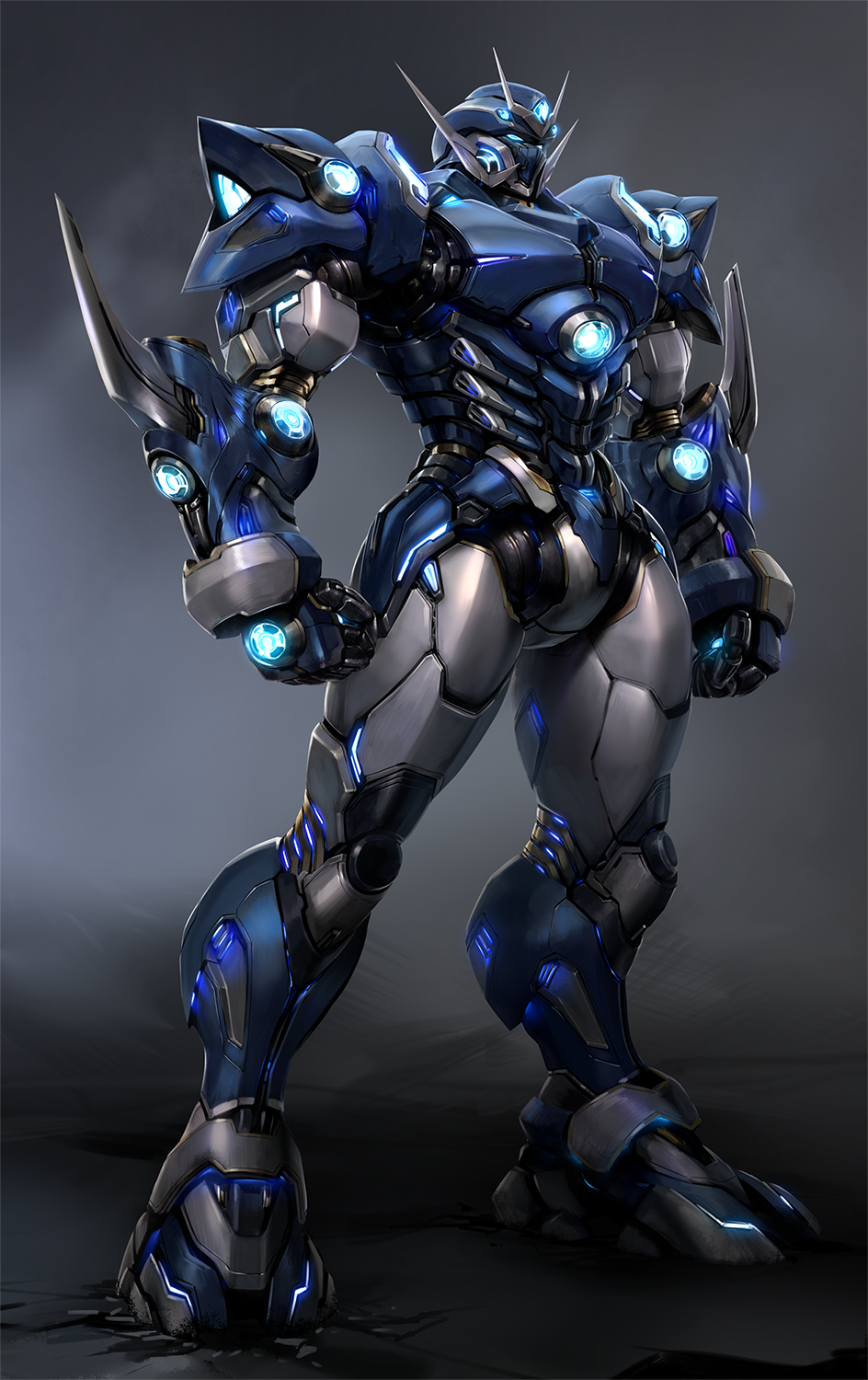 banchengping@126 clenched_hands crack cracked_floor elbow_blade full_body glowing grey_background highres mecha no_humans robot soulgain super_robot_wars super_robot_wars_advance super_robot_wars_original_generation