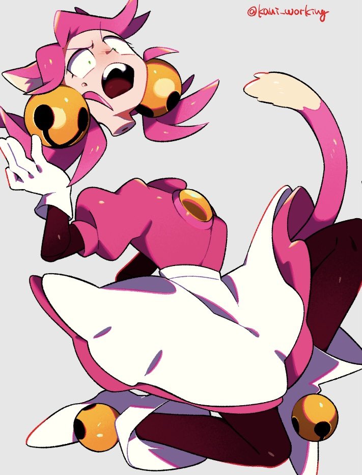 1girl animal_ears apron cat_ears cat_girl cat_tail dress green_eyes grey_background kanianoreki mad_mew_mew open_mouth pantyhose pink_dress pink_hair puffy_sleeves red_pantyhose shoes simple_background solo tail teeth twitter_username undertale white_apron white_shoes