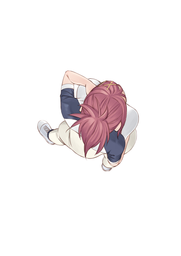 1girl alternate_hairstyle amanchu! commentary_request easy_(aqk7bdqt) female_focus foreshortening from_above full_body hair_ornament ninomiya_ai red_hair shoes simple_background sneakers solo white_background x_hair_ornament