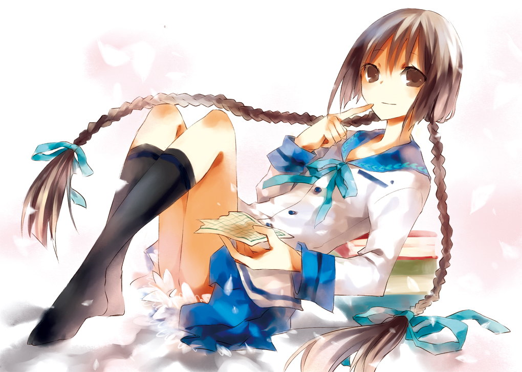 1girl amano_tooko black_legwear braid brown_eyes brown_hair bungaku_shoujo female_focus hair_ribbon long_hair pages pastazhou ribbon school_uniform skirt smile solo twin_braids very_long_hair