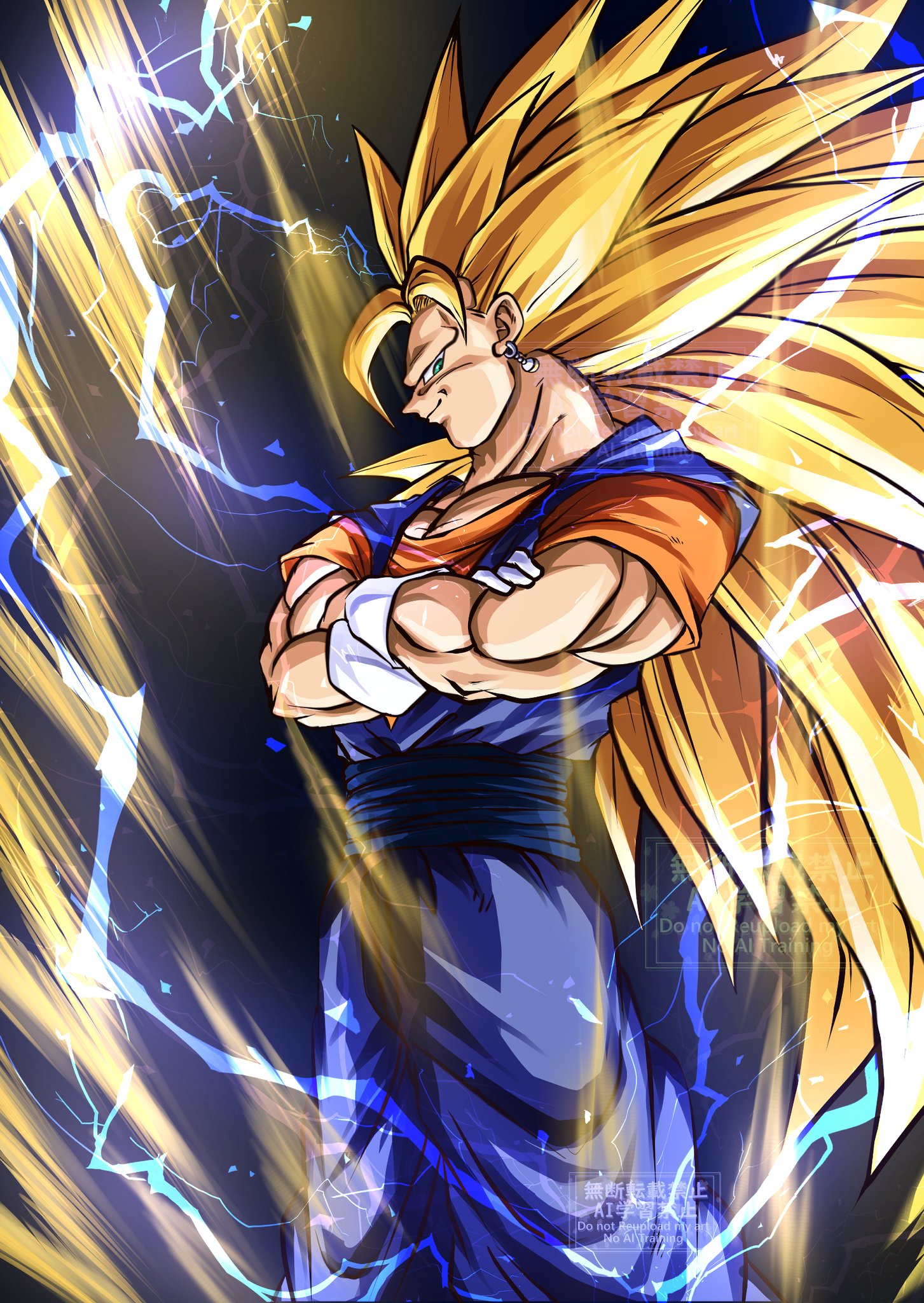 1boy aura black_background blonde_hair blue_pants blue_sash blue_shirt cowboy_shot crossed_arms dougi dragon_ball dragonball_z electricity gloves highres kanaetecho long_hair looking_at_viewer male_focus muscular muscular_male orange_shirt pants profile sash shirt simple_background smile solo spiked_hair super_saiyan super_saiyan_3 vegetto white_gloves