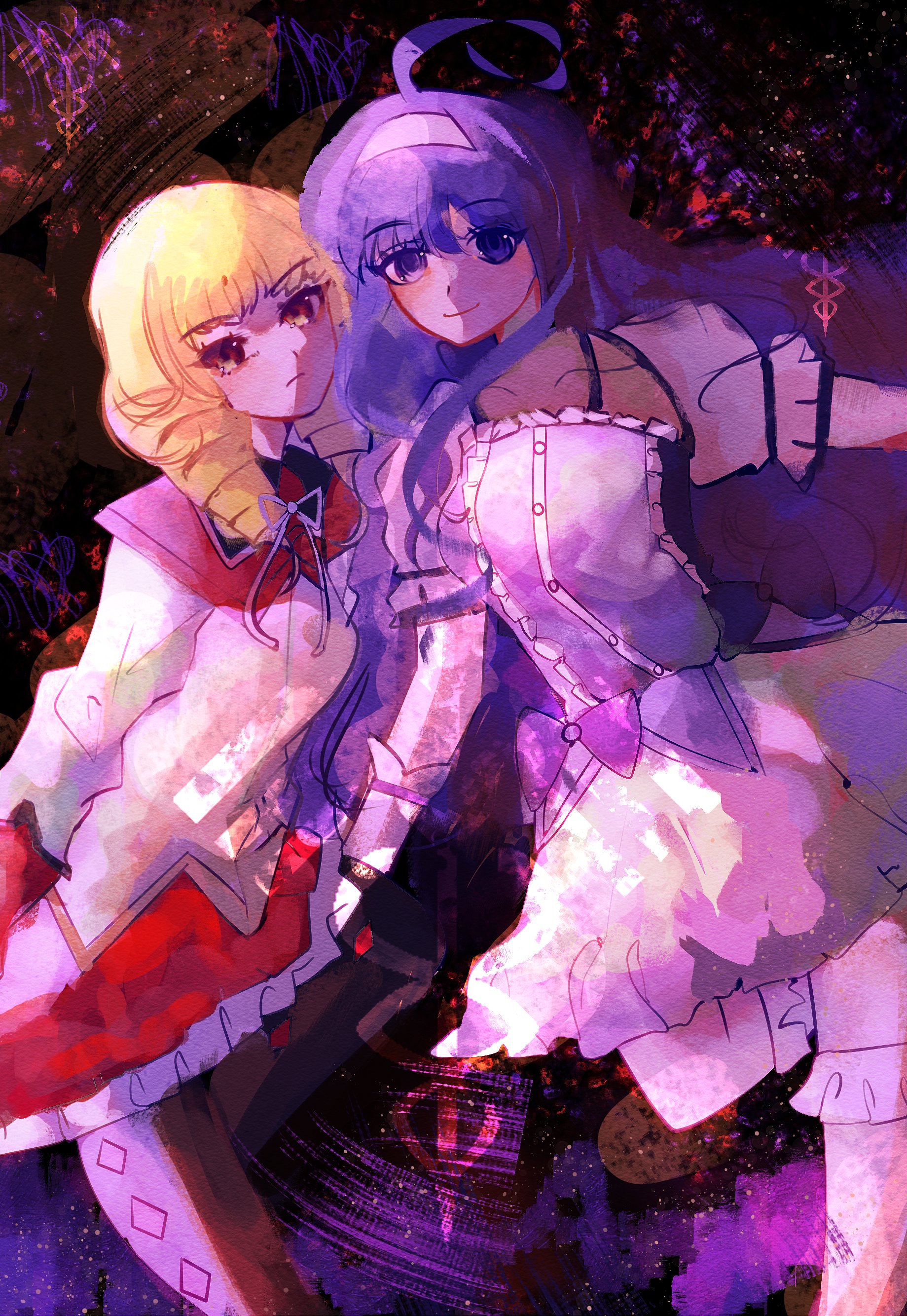 2girls absurdres adapted_costume ahoge akemi_homura akemi_homura_(cosplay) akemi_homura_(magical_girl) argyle_clothes argyle_legwear black_pantyhose blonde_hair blue_eyes blue_hair blush bubble_skirt cosplay deadpan dress drill_hair er1kawagner erika_wagner hairband highres huge_ahoge kaname_madoka kaname_madoka_(cosplay) kaname_madoka_(magical_girl) long_hair looking_at_viewer magical_girl mahou_shoujo_madoka_magica mahou_shoujo_madoka_magica_(anime) multiple_girls orie_ballardiae_harada pantyhose red_eyes ribbon short_hair skirt smile twin_drills under_night_in-birth white_hairband