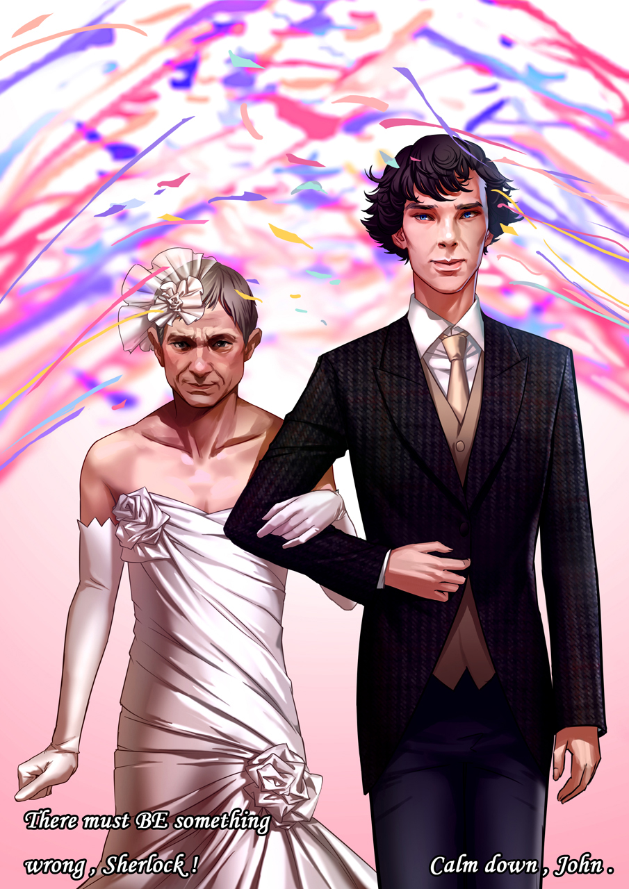2boys arm_at_side as109 bad_id bad_pixiv_id bare_shoulders benedict_cumberbatch black_eyes black_hair black_jacket blue_eyes blue_pants brown_hair brown_necktie clenched_hand collarbone collared_shirt cowboy_shot crossdressing dress elbow_gloves english_text gloves grimace hair_ornament height_difference highres holding_another&#039;s_arm jacket john_hamish_watson light_smile lips long_sleeves looking_at_viewer male_focus martin_freeman multiple_boys necktie pants pink_background sherlock_(bbc) sherlock_holmes sherlock_holmes_(sherlock) shirt side-by-side strapless strapless_dress streamers the_adventures_of_sherlock_holmes wedding_dress white_dress white_gloves yaoi