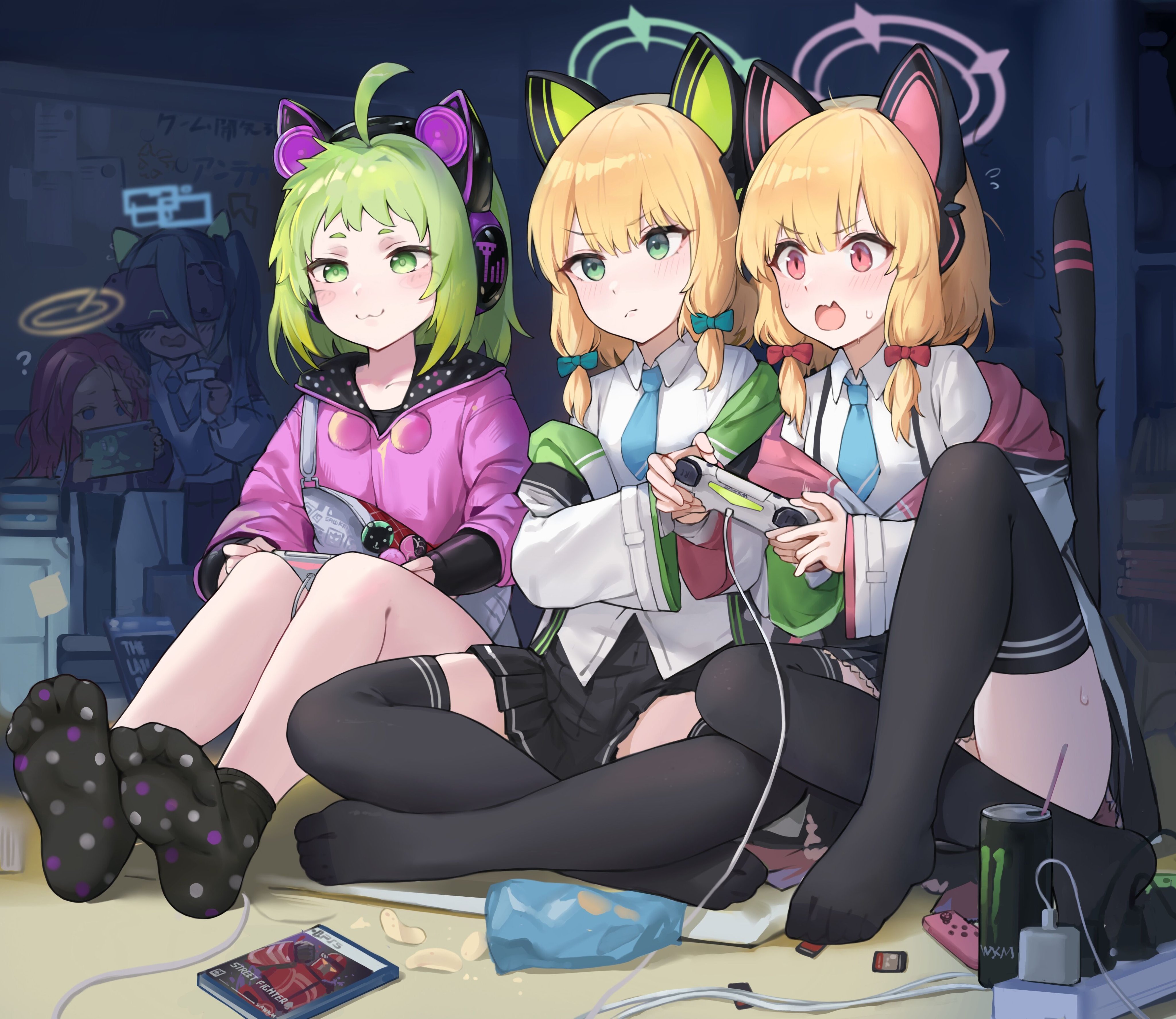 5girls :3 absurdres ahoge animal_ear_headphones animal_ears antenna_(dohna_dohna) aris_(blue_archive) black_skirt black_socks black_thighhighs blonde_hair blue_archive blue_necktie blush_stickers cat_ear_headphones cat_tail chips_(food) collared_shirt commentary controller crossover dohna_dohna_issho_ni_warui_koto_o_shiyou drinking_straw electrical_outlet fake_animal_ears fang flying_sweatdrops food game_controller game_development_department_(blue_archive) green_eyes green_hair halo headphones highres holding holding_controller holding_game_controller indian_style knees_up looking_afar midori_(blue_archive) momoi_(blue_archive) monster_energy multiple_girls necktie playing_games pleated_skirt potato_chips red_eyes sawkm school_uniform sd_card shirt short_hair siblings sisters sitting skin_fang skirt socks sweatdrop tail tail_raised thighhighs v-shaped_eyebrows yuzu_(blue_archive)