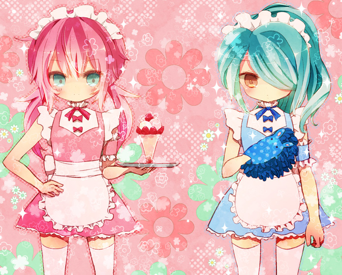 2boys androgynous apron aqua_hair bad_id bad_pixiv_id blue_eyes blush crossdressing crossdressing_(mtf) crossover dress hair_over_one_eye inazuma_eleven inazuma_eleven_(series) inazuma_eleven_go kazemaru_ichirouta kirino_ranmaru long_hair male_focus multiple_boys pink_hair thighhighs trap tray twintails waitress yoshida_(nono_ko) zettai_ryouiki