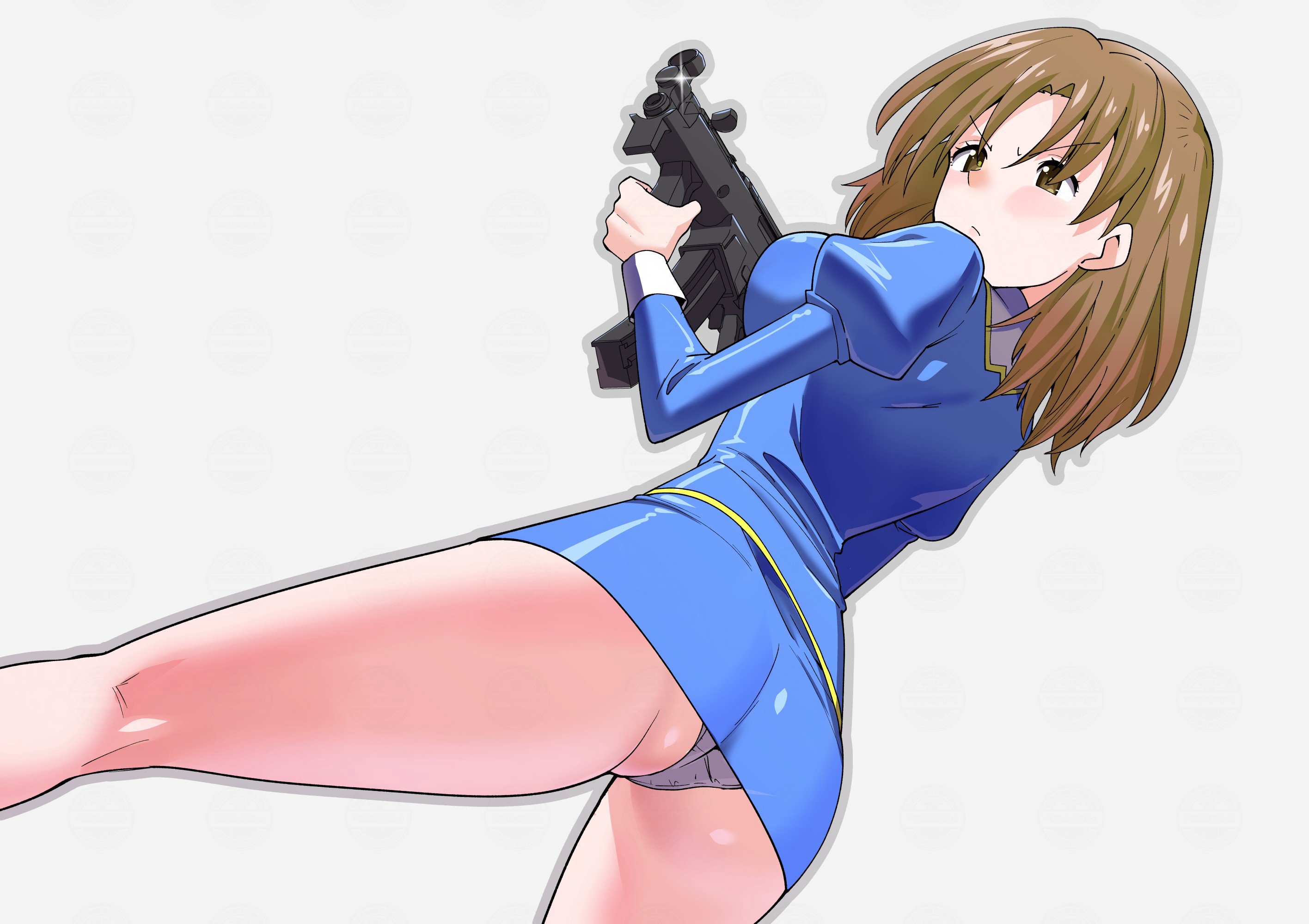 1girl agent_aika aika_(series) aiming ass blue_delmo blue_delmo_b blue_skirt brown_eyes brown_hair closed_mouth crotch_seam delmogeny_uniform glint gun highres holding holding_gun holding_weapon jacket juliet_sleeves kneepits long_sleeves looking_at_viewer military military_uniform panties pencil_skirt puffy_sleeves skirt solo standing submachine_gun toku_sonchou underwear weapon white_background white_panties