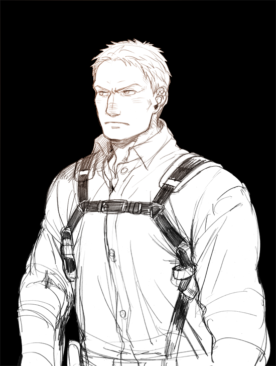 1boy buttons chest_belt collared_shirt frown greyscale looking_to_the_side male_focus monochrome pectorals prema-ja reiner_braun shingeki_no_kyojin shirt short_hair sketch solo standing three-dimensional_maneuver_gear upper_body