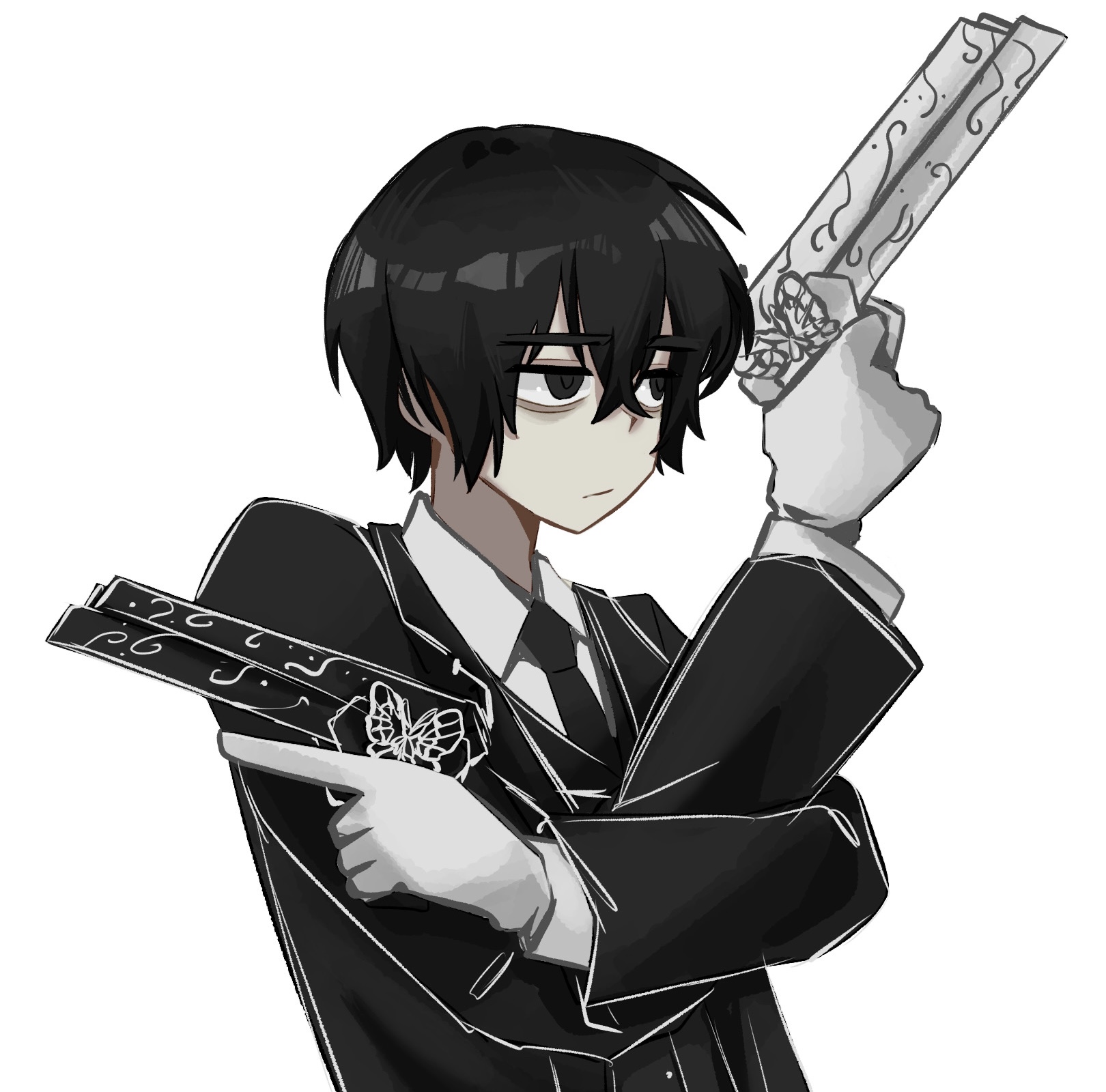 1boy animal_print bags_under_eyes black_butterfly black_eyes black_hair black_necktie black_suit bug butterfly collared_shirt crossed_bangs double-parted_bangs dual_wielding e.g.o_(project_moon) formal_clothes gloves gun highres holding holding_gun holding_weapon insect limbus_company male_focus merukosu necktie project_moon shirt solemn_lament_(e.g.o) solo suit upper_body weapon white_background white_butterfly white_gloves white_shirt yi_sang_(project_moon)