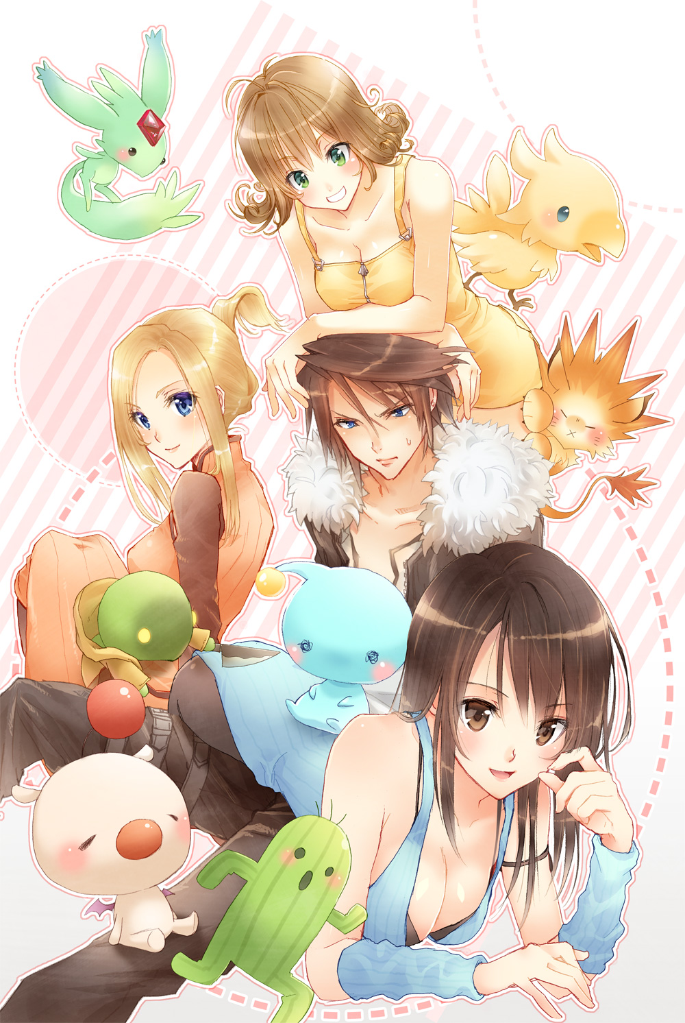 1990s_(style) 1boy 3girls :d :o x_mouth arm_warmers bad_id bad_pixiv_id bare_shoulders blonde_hair blue_eyes breasts brown_eyes brown_hair carbuncle_(final_fantasy) chocobo cleavage collarbone dress final_fantasy final_fantasy_viii flipped_hair green_eyes grin hands_on_another&#039;s_head highres leg_up long_hair moogle moomba multiple_girls open_mouth pupu_(ff8) quistis_trepe retro_artstyle rinoa_heartilly ritttz sabotender selphie_tilmitt short_hair small_breasts smile squall_leonhart square_enix sweatdrop tail tonberry wings zipper_dress