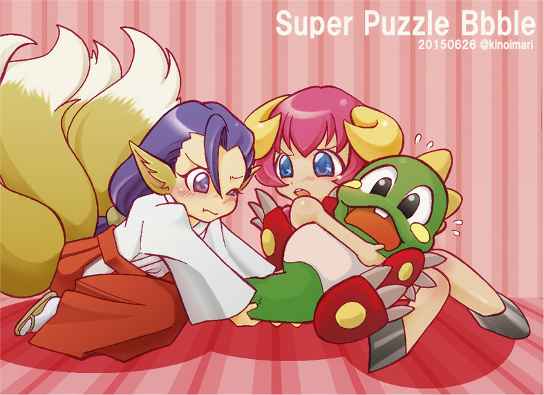 2girls anju_(puzzle_bobble) bub_(bubble_bobble) bubble_bobble fox_tail japanese_clothes multiple_girls multiple_tails pink_hair puzzle_bobble tail woolen_(puzzle_bobble)