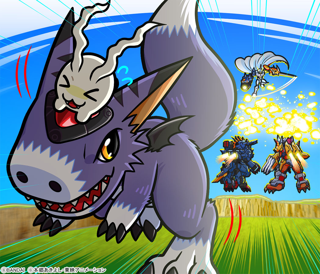 battle body_fur digimon digital_monster_x-evolution dorumon forehead_jewel full_body grass metalgarurumon metalgarurumon_x-antibody midair official_art omegamon outdoors purple_fur running sharp_teeth teeth tokomon wargreymon wargreymon_x-antibody