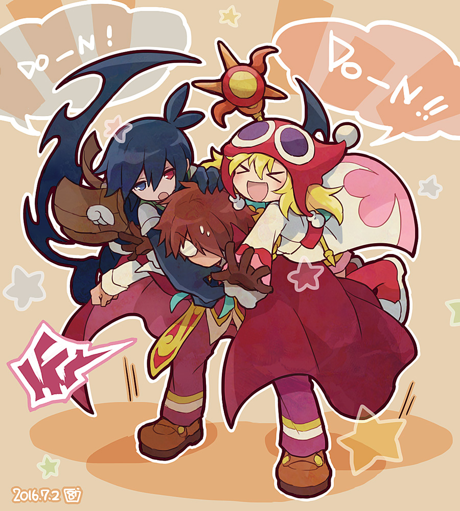 &gt;_&lt; 1girl 2boys :d amitie_(puyopuyo) black_sig blonde_hair blue_eyes brown_bag brown_footwear brown_hair cape dated glasses glomp hana_(mew) hat heterochromia hug klug_(puyopuyo) multiple_boys open_mouth pants purple_pants puyopuyo puyopuyo_fever red_cape red_eyes red_hat sig_(puyopuyo) smile speech_bubble strange_klug xd