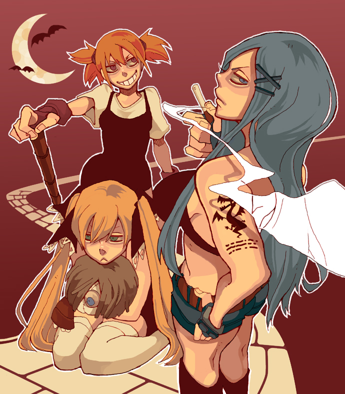 3girls blonde_hair blue_hair chuck_(shaman_king) cigarette crescent_moon inoromu kanna_bismarch long_hair marion_phauna matilda_matisse moon multiple_girls orange_hair shaman_king short_twintails shorts smoke thighhighs twintails