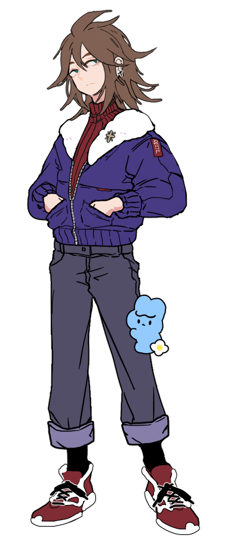 1boy adapted_costume artist_self-insert black_pants black_socks blue_jacket brown_hair closed_mouth cross cross_earrings earrings full_body fur-trimmed_jacket fur_trim green_eyes hair_between_eyes hands_in_pockets isoi_reiji jacket jewelry long_sleeves male_focus medium_hair meniusa_lau pants partially_unzipped red_shoes red_sweater ribbed_sweater saibou_shinkyoku sanpaku shoes simple_background sneakers socks sweater turtleneck turtleneck_sweater white_background zipper