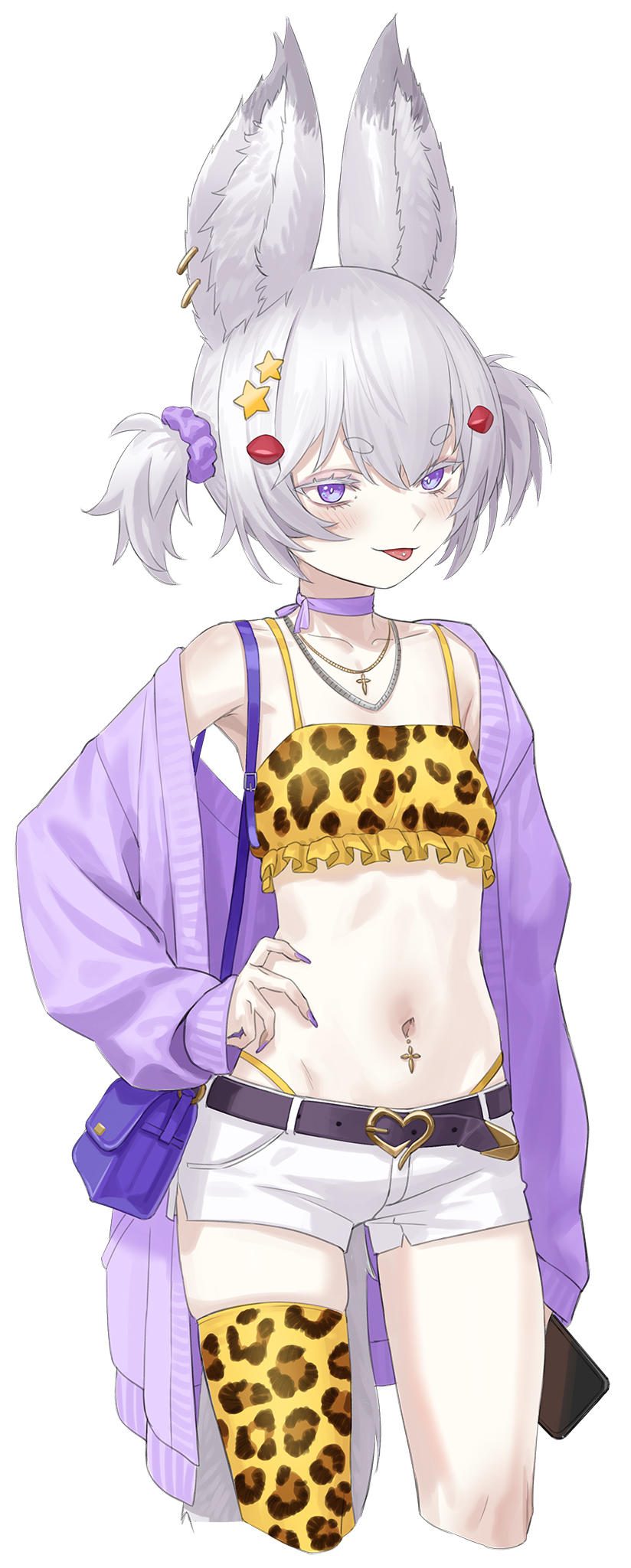 1girl :p agemmata animal_print bag bandeau belt blush cardigan cellphone choker collarbone commentary cropped_legs english_commentary fake_nails fox_tail gyaru hair_ornament hair_scrunchie hand_on_own_hip handbag highres holding holding_phone jewelry leopard_print nail_polish navel_piercing necklace open_cardigan open_clothes phase_connect phone piercing print_thighhighs purple_cardigan purple_eyes purple_nails purple_ribbon purple_scrunchie ribbon ribbon_choker scrunchie shorts simple_background single_thighhigh smartphone spaghetti_strap tail tenma_maemi thick_eyebrows thighhighs tongue tongue_out tongue_piercing twintails virtual_youtuber white_background white_hair white_shorts yellow_bandeau yellow_thighhighs zettai_ryouiki