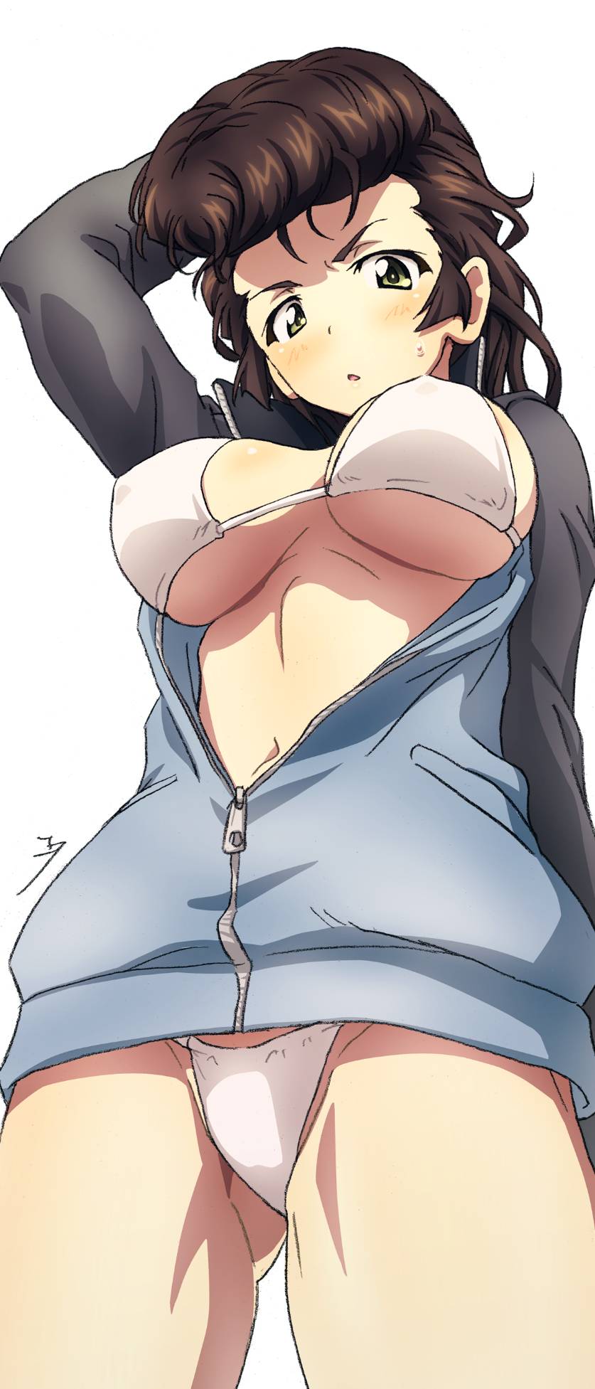 1girl arm_behind_head bikini blush breasts brown_hair crotch erakin girls_und_panzer green_eyes highres jacket keizoku_military_uniform large_breasts looking_at_viewer military_uniform navel no_pants open_mouth pompadour simple_background solo swimsuit track_jacket white_background white_bikini yuri_(girls_und_panzer)