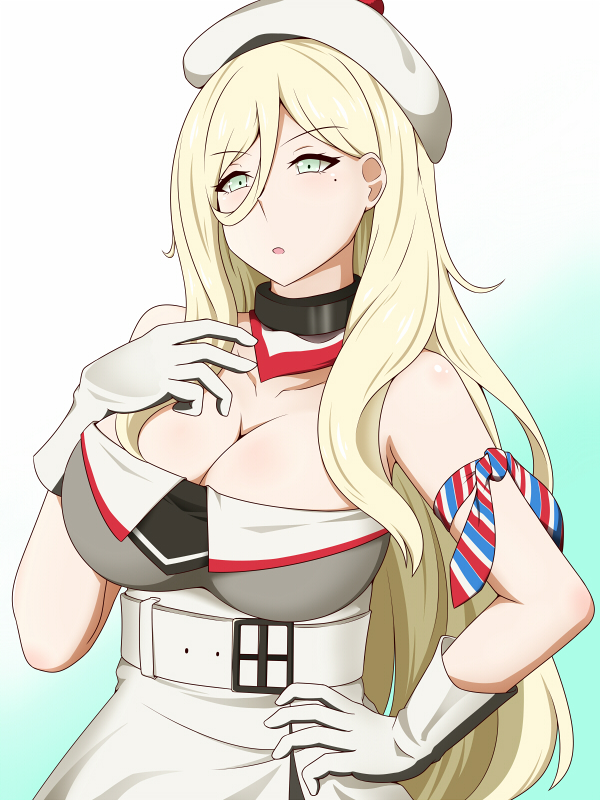 1girl armband bare_shoulders belt beret blonde_hair blue_eyes breasts cleavage collar collarbone commentary_request dress female_focus gloves gradient_background green_background hair_between_eyes hat kantai_collection lactone large_breasts long_hair mole mole_under_eye mole_under_mouth multicolored_dress multicolored_gloves multicolored_scarf pom_pom_(clothes) richelieu_(kancolle) scarf solo strapless strapless_dress white_hat