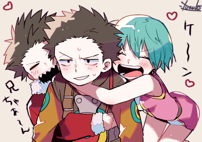 1girl 2boys aqua_hair black_hair breasts dress fur_trim hug ken_(linda_cube) linda_(linda_cube) linda_cube multiple_boys neku_(linda_cube) open_mouth santa_costume short_hair simple_background sleeveless small_breasts smile spiked_hair yuusuke-kun