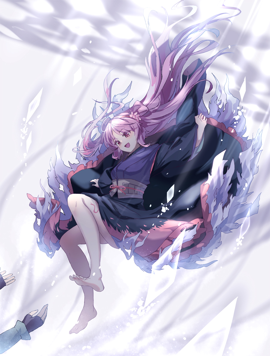2girls akinomiya_asuka barefoot fingerless_gloves flower frills gloves hairband japanese_clothes kimono long_hair multiple_girls original pink_eyes pink_hair riverbed_soul_saver skirt smile solo_focus takenouchi_no_tarumi touhou twintails yamatoyo_no_momohime