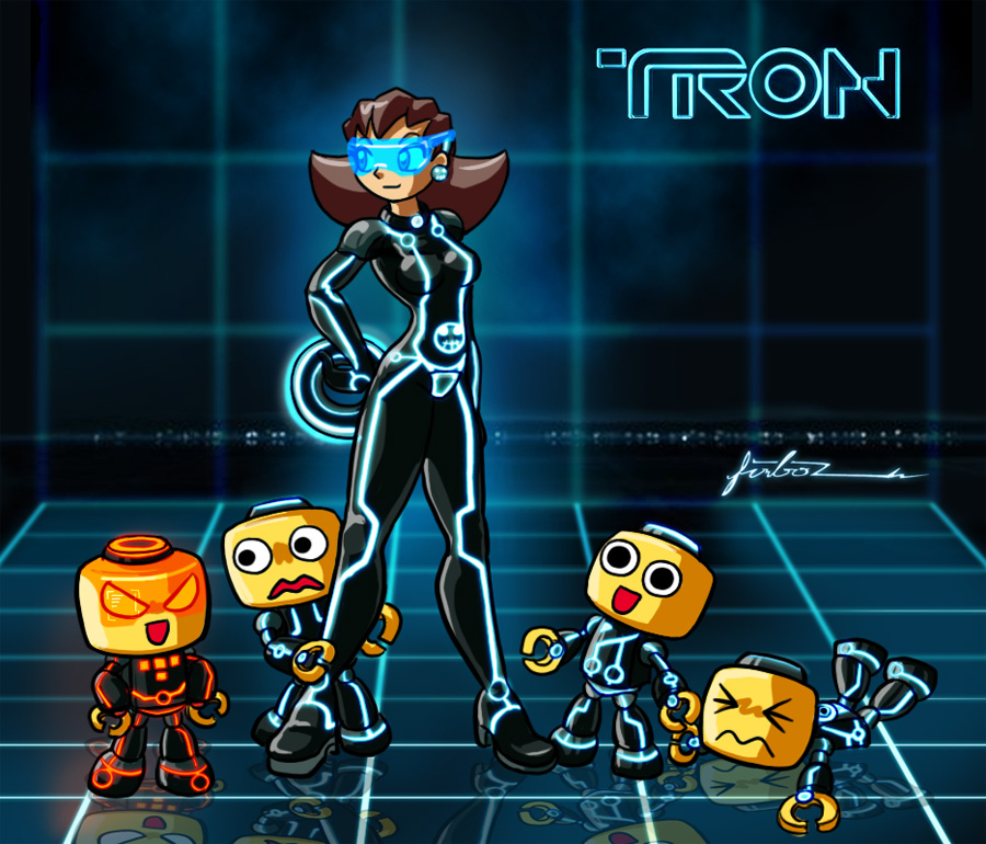 &gt;_&lt; 1girl bodysuit brown_hair capcom checkered_background closed_eyes disc_(tron) earrings fallen_down furboz holding jewelry long_hair mega_man_(series) mega_man_legends_(series) name_connection neon_trim parody pun reflection reflective_floor robot servbot_(mega_man) short_hair standing tron tron_bonne_(mega_man) visor wavy_mouth