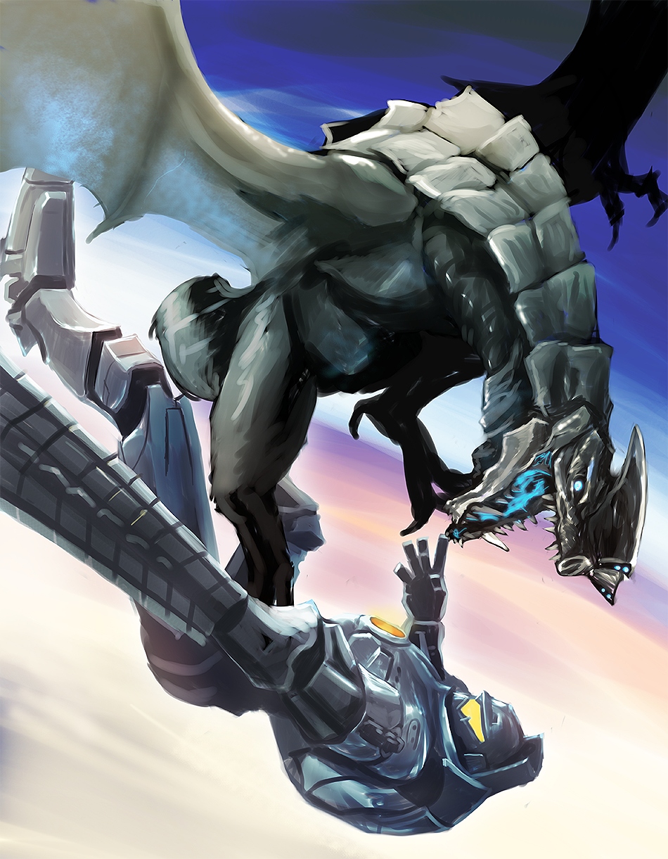 amputee blood blue_blood blue_eyes claws colored_blood extra_eyes falling flying gd6_chain_sword giant giant_monster giant_robot gipsy_danger glowing glowing_blood glowing_eyes highres jaeger_(pacific_rim) kaiju legendary_pictures mecha monster no_humans no_pupils nyoruniru open_mouth otachi pacific_rim roaring robot sharp_teeth sky sword tail talons teeth warner_bros weapon whip whip_sword wings yellow_eyes