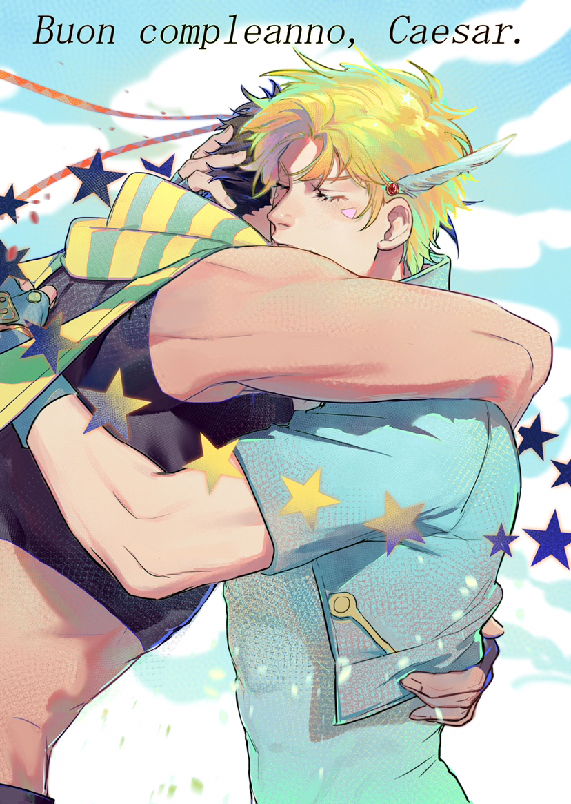 2boys baixie battle_tendency birthday blonde_hair blue_gloves blue_jacket blue_shirt brown_hair caesar_anthonio_zeppeli character_name closed_eyes cloud crop_top cropped_jacket facial_mark feather_hair_ornament feathers fingerless_gloves gloves green_scarf hair_ornament happy_birthday headband hug italian_text jacket jojo_no_kimyou_na_bouken joseph_joestar joseph_joestar_(young) male_focus midriff multiple_boys mutual_hug no_headband scarf shirt short_hair short_sleeves sleeveless star_(symbol) striped_clothes striped_scarf upper_body
