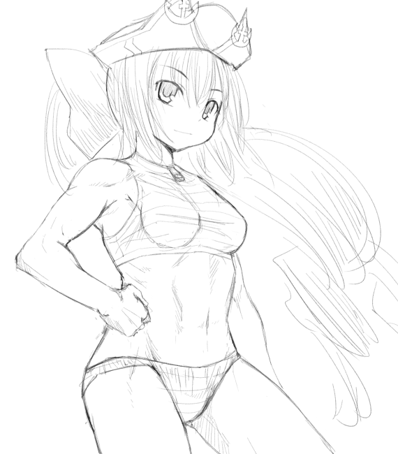 1girl bikini breasts character_request female_focus greyscale hand_on_own_hip hat kasuga_yukihito long_hair monochrome sketch small_breasts solo swimsuit tankini zipper