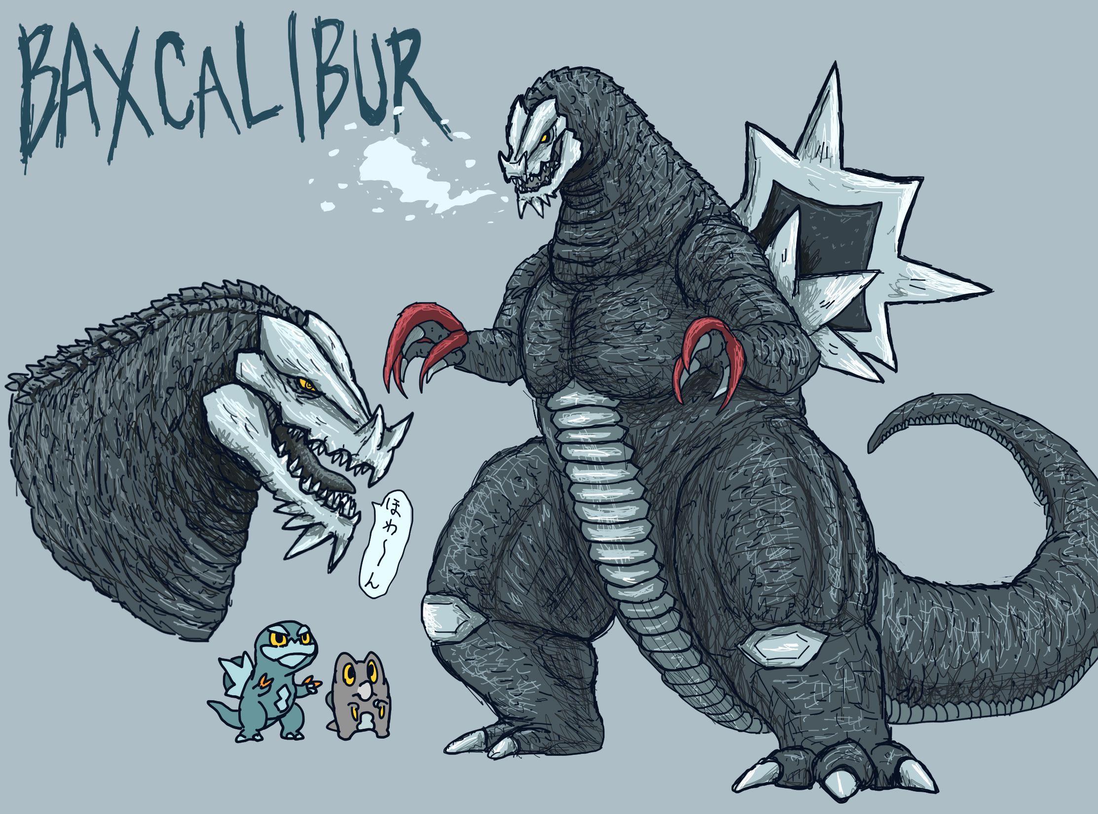 arctibax baxcalibur character_name claws colored_sclera commentary_request evolutionary_line frigibax godzilla godzilla_(series) grey_background highres kaiju nintendo no_humans open_mouth pikpik0109 pokemon pokemon_(creature) pokemon_focus scales sharp_teeth simple_background speech_bubble teeth translation_request yellow_eyes yellow_sclera