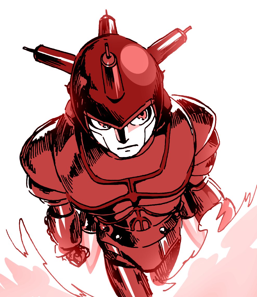 1boy android armor atlas_(tetsuwan_atom) clenched_hand closed_mouth commentary_request dust_cloud facing_viewer fake_horns fire helmet horned_helmet horns looking_to_the_side male_focus monochrome robot science_fiction serious simple_background solo spikes takenokonoko tetsuwan_atom white_background