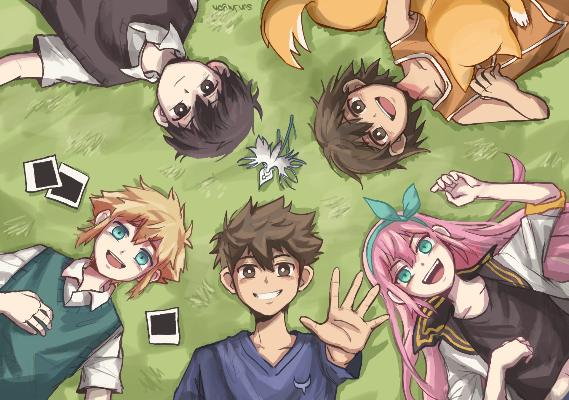 1girl 4boys arm_up artist_name aubrey_(faraway)_(omori) aubrey_(omori) basil_(faraway)_(omori) basil_(omori) black_eyes black_hair blonde_hair blue_eyes blue_hairband blue_sweater bright_pupils brown_eyes brown_hair closed_mouth collarbone collared_shirt dark-skinned_male dark_skin dog egret_orchid flower grass green_sweater_vest grin hairband hector_(omori) hero_(faraway)_(omori) hero_(omori) highres hiyon_(sun_hiyon) jacket kel_(faraway)_(omori) kel_(omori) long_hair long_sleeves lying multiple_boys omori on_back on_grass open_mouth parted_lips photo_(object) pink_hair shirt short_hair short_sleeves smile sweater sweater_vest teeth upper_teeth_only white_jacket white_pupils white_shirt
