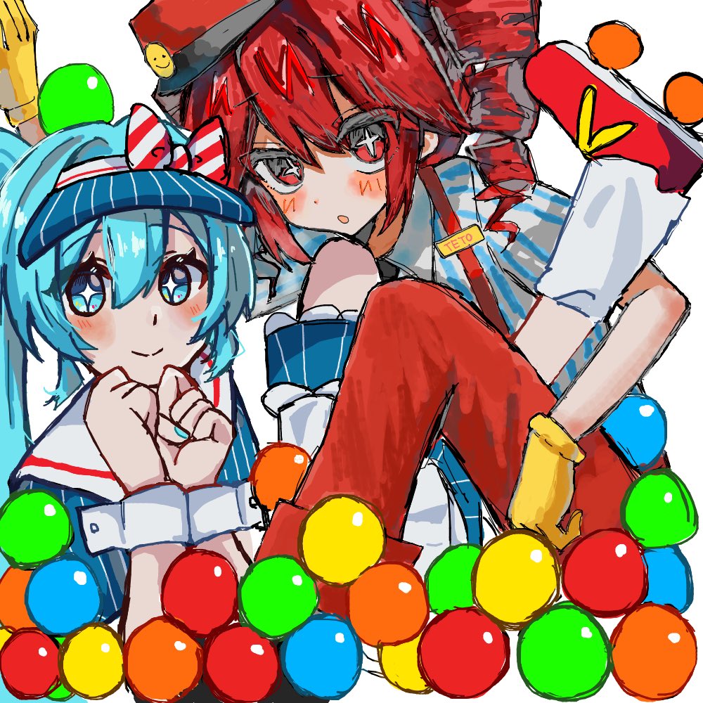 2girls aqua_eyes ball ball_pit blue_eyes blue_hair blue_skirt blue_trim blue_visor blush bow collared_shirt drill_hair from_side gloves hat hat_bow hatsune_miku kasane_teto looking_at_viewer mesmerizer_(vocaloid) multicolored_bow multiple_girls nigufugu_wow719 own_hands_together pants red_bow red_eyes red_hair red_hat red_pants red_trim roller_skates shirt sitting skates skirt synthesizer_v twin_drills twintails utau visor_cap vocaloid white_bow white_trim yellow_gloves