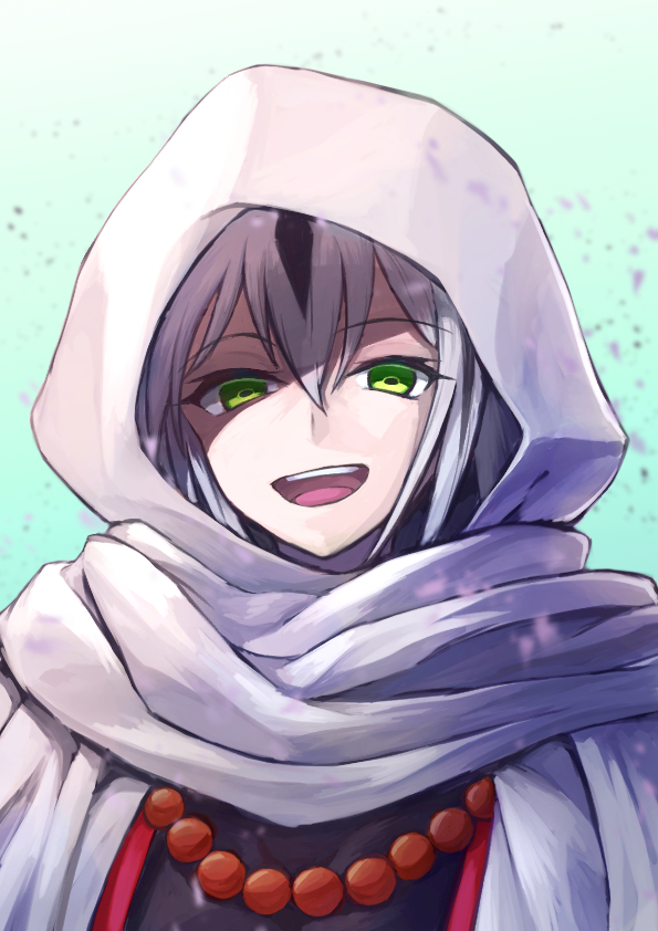 1girl aqua_background bead_necklace beads black_hair cloak fate/grand_order fate_(series) green_eyes hair_between_eyes hood hood_up hooded_cloak jewelry juunishi_aya looking_at_viewer multicolored_hair nagao_kagetora_(fate) necklace open_mouth portrait prayer_beads solo streaked_hair teeth two-tone_hair upper_teeth_only white_hair white_hood