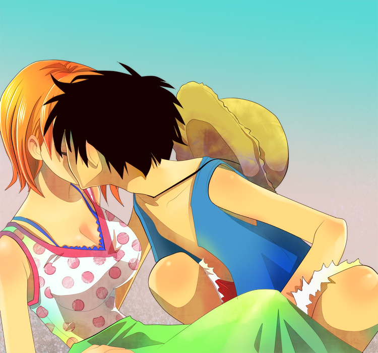 1boy 1girl breasts cleavage hat hetero himerinco kiss large_breasts monkey_d._luffy nami_(one_piece) one_piece orange_hair straw_hat