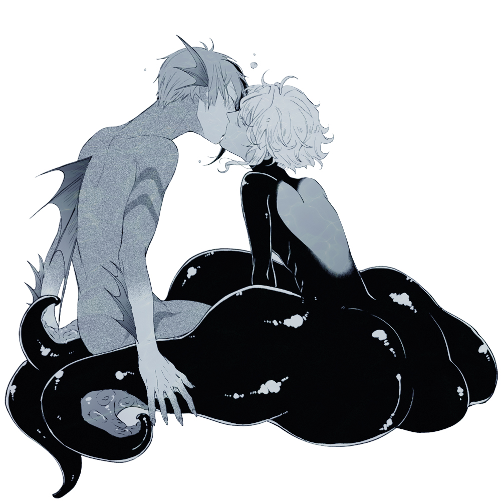 2boys air_bubble azul_ashengrotto blush bubble closed_eyes completely_nude couple eel_boy fins from_side full_body head_fins jade_leech kiss male_focus monochrome multicolored_hair multiple_boys nude octopus_boy profile shirai short_hair sidelocks simple_background sitting streaked_hair submerged tentacles twisted_wonderland white_background yaoi