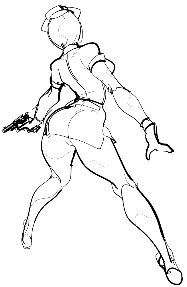 1girl ass back breasts bubble_head_nurse cleavage curvy faceless faceless_female foreshortening gloves gun hat holding holding_gun holding_weapon huge_ass large_breasts monochrome monster_girl no_eyes no_panties nurse nurse_(silent_hill) nurse_cap shiny_skin silent_hill silent_hill_(series) silent_hill_2 simple_background sketch solo standing watatanza weapon wet wet_clothes white_gloves wide_hips